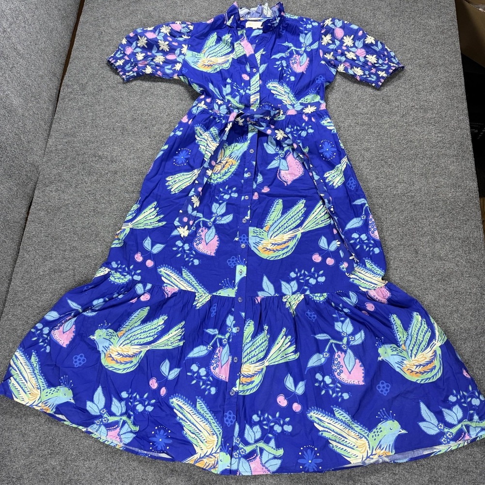 Sheridan French Dress Womens Medium Blue Bird Flower Tie Waist Button Front Midi